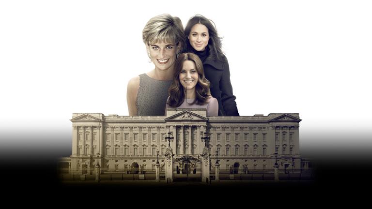 "Royale Ehefrauen: Vom Glück, eine Windsor zu werden": Die Collage zeigt den Kensington-Palast sowie die Prinzessinnen Diana, Kate und Meghan.