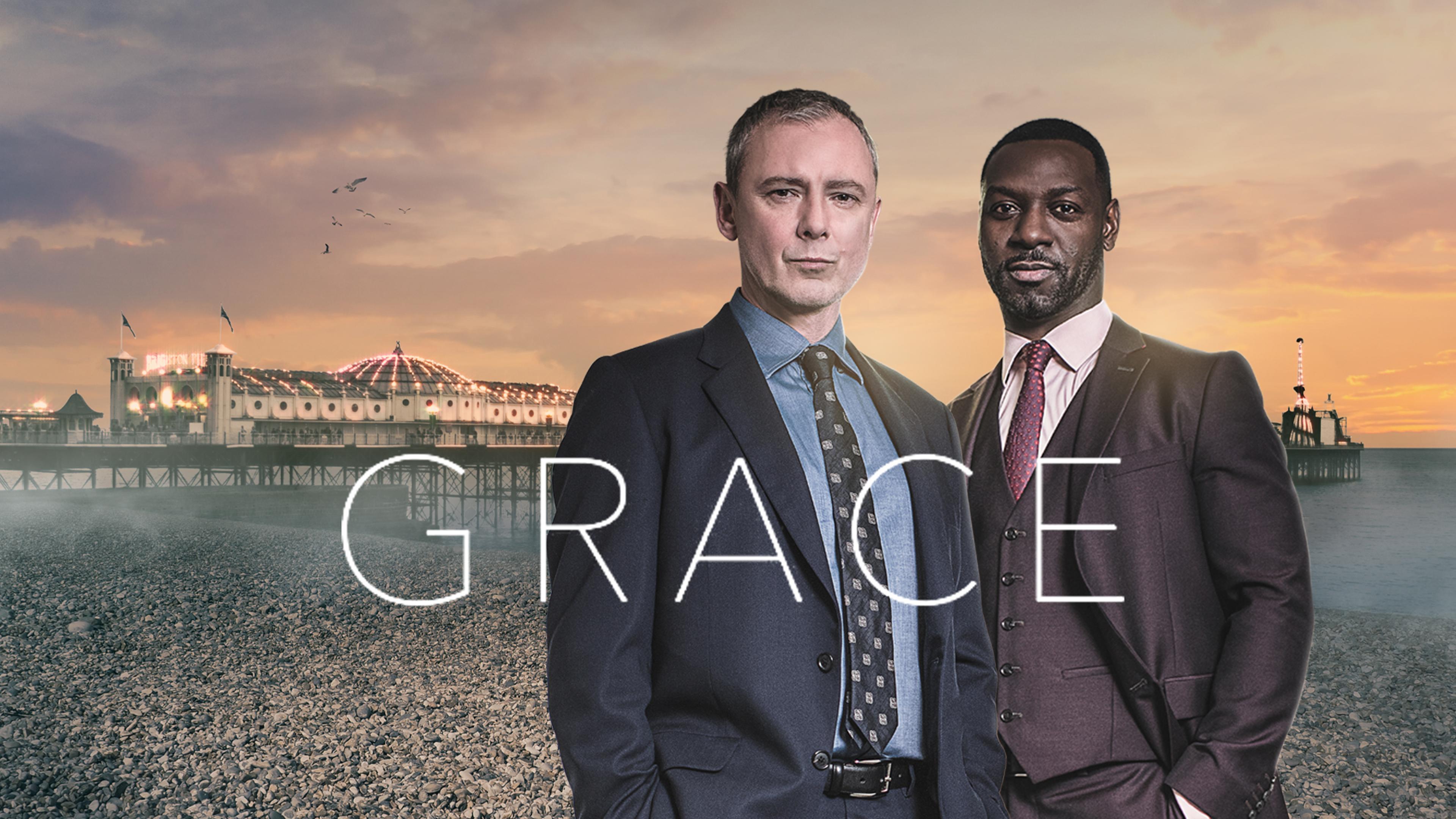 Die Hauptfiguren aus der Serie Detective Grace mit dem Titelschiftzug.