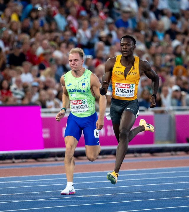 Owen Ansah (Deutschland) im 100-Meter-Halbfinale der Leichtathletik-Europameisterschaften 2026 am 11.08.26 in Birmingham.