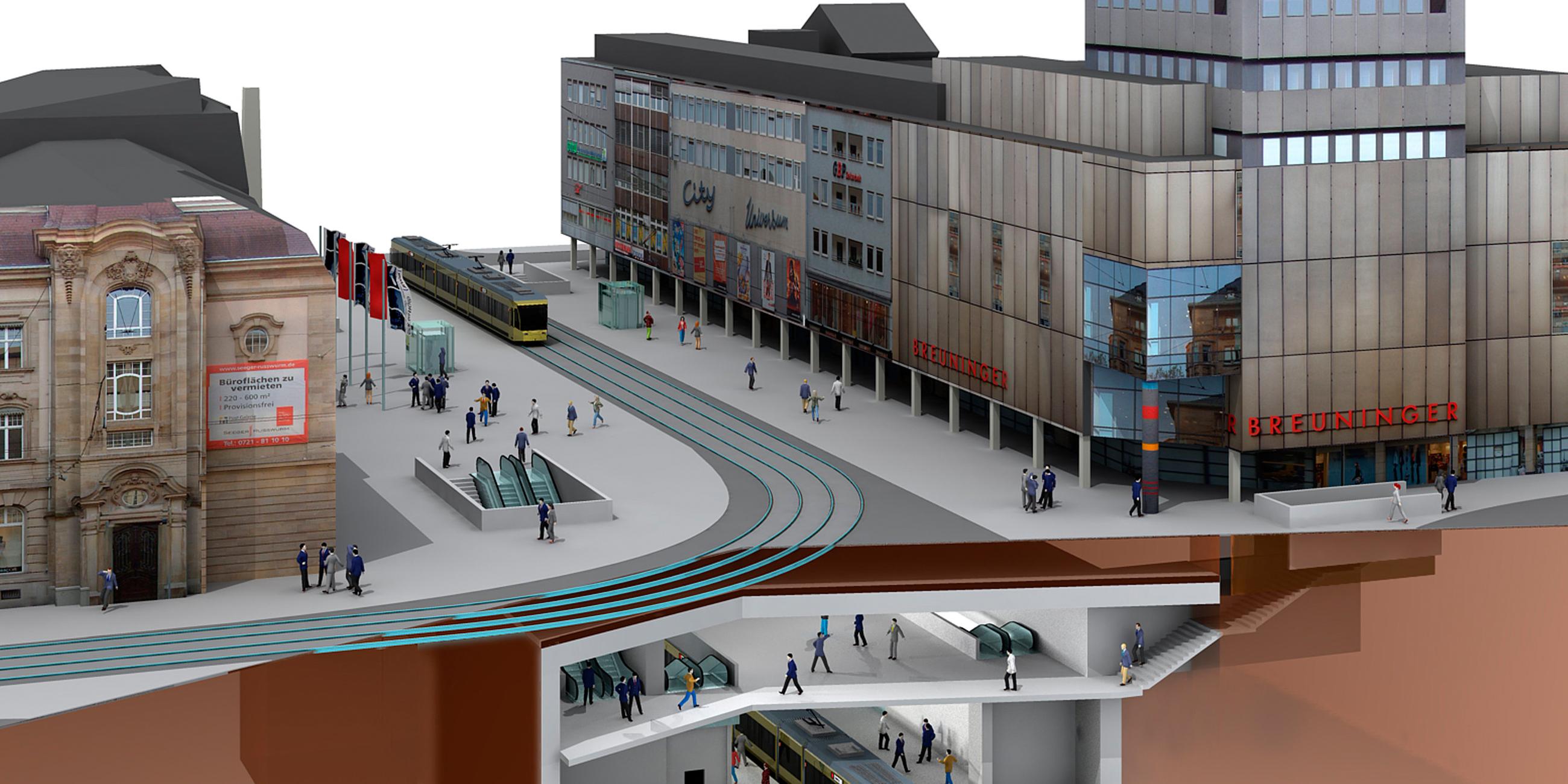 Computerbild der Karlsruher Innenstadt mit unterirdischer Straßenbahn