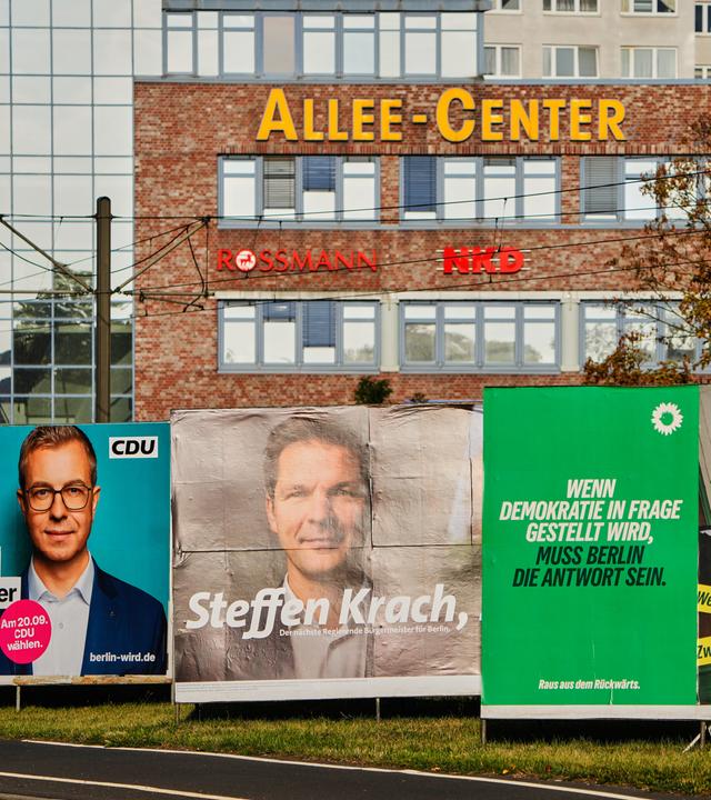 From left: Posters of top candidates for the upcoming Berlin state parliament election of Christian Democratic Union party, CDU, Stefan Evers, Social Democratic Party, SPD, Steffen Krach and Green Party Werner Graf are placed near a road in Berlin, Germany, Tuesday, Sept. 15, 2026.