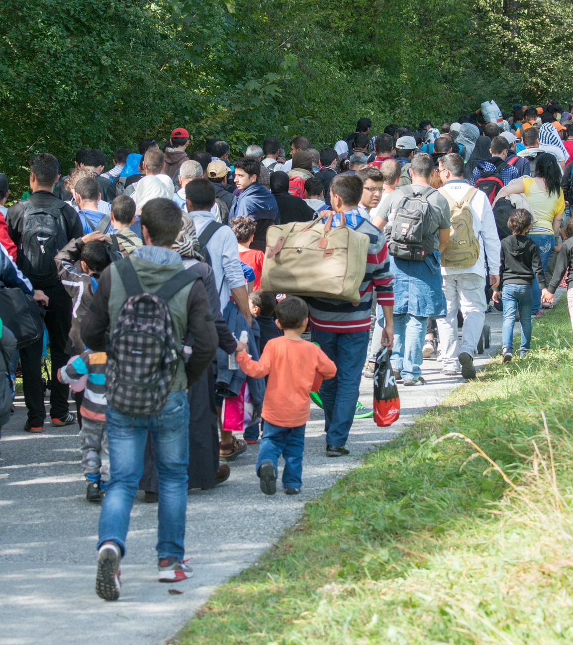 Flüchtlinge gehen am 16.09.2015 hinter der deutsch-österreichischen Grenze zwischen Salzburg und Deutschland nach Freilassing (Bayern) weiter in Richtung Deutschland.