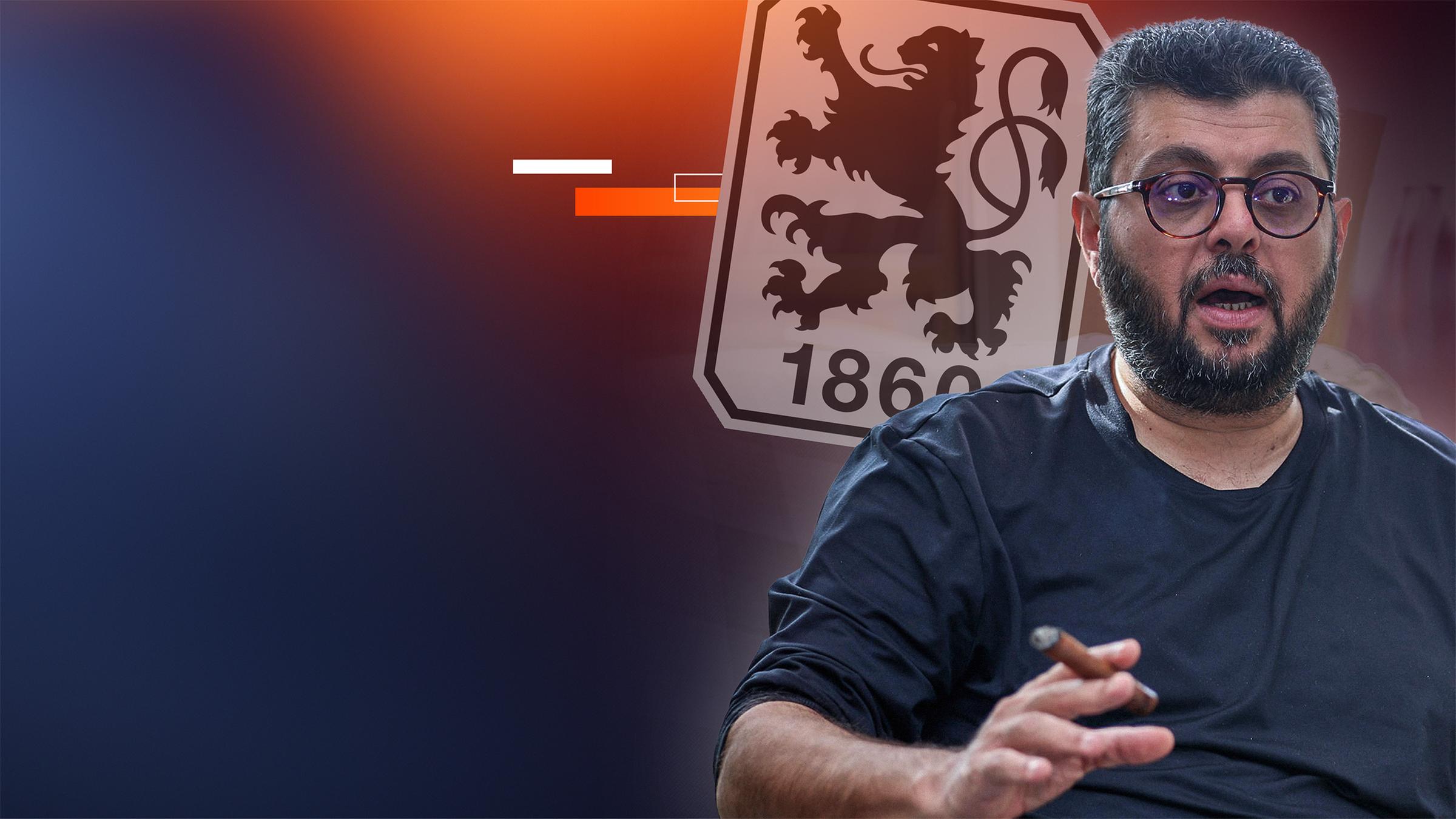 Der Investor Hasan Ismaik mit einer Zigarre in der Hand, hinter ihm das Logo des 1860 München.