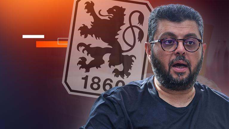 Der Investor Hasan Ismaik mit einer Zigarre in der Hand, hinter ihm das Logo des 1860 München.