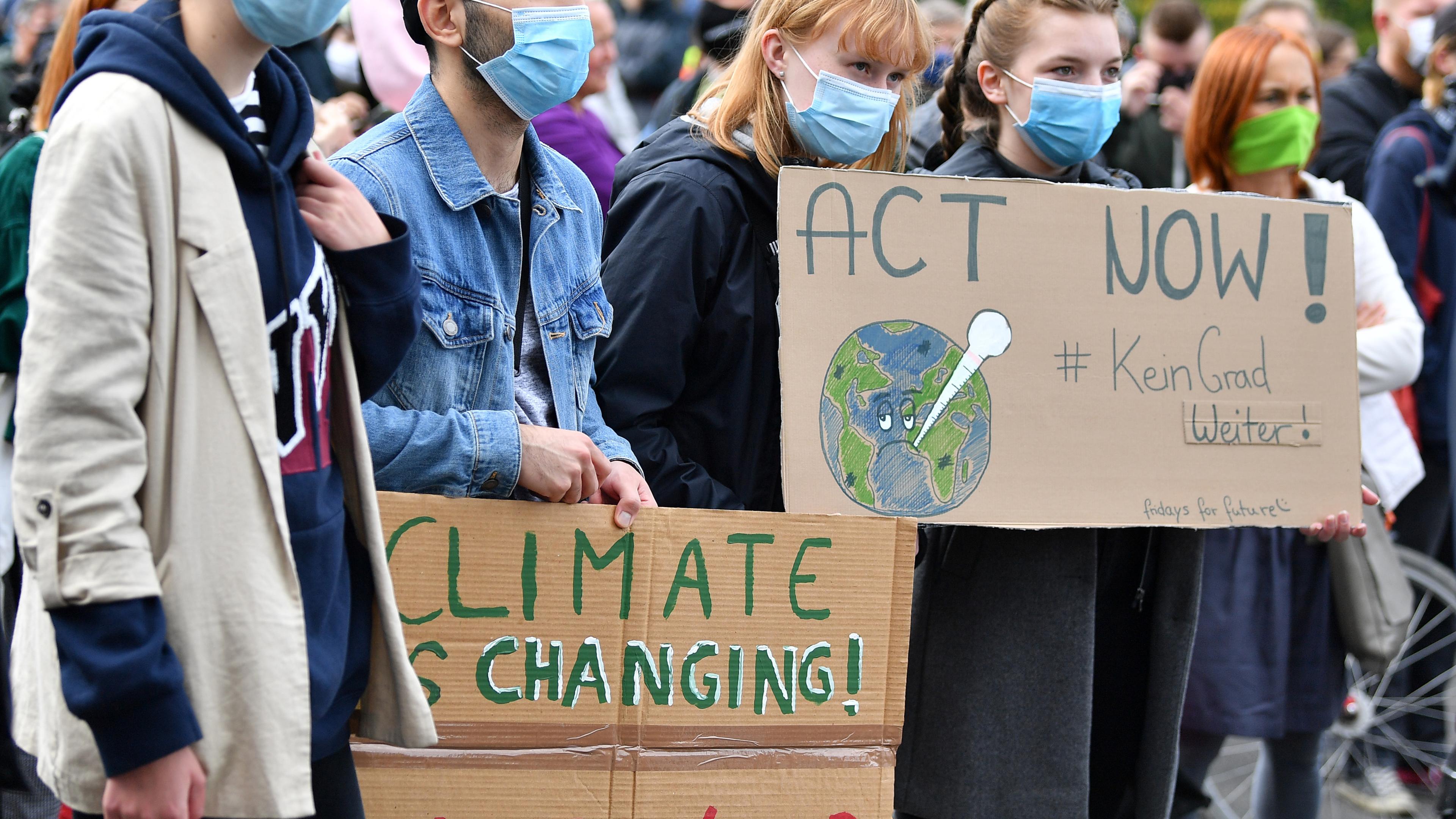 DemonstrantInnen der Fridays for Future Bewegung halten Plakate hoch.