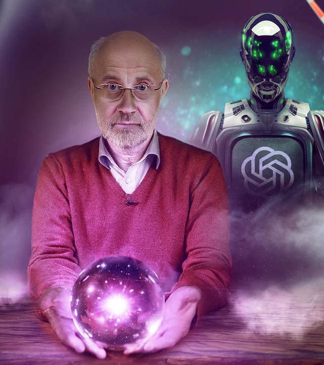 Harald Lesch sitzt vor Wahrsagerkugel