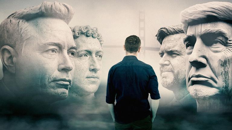 "Trump und das Silicon Valley - Staatsstreich der Tech-Milliardäre": Ein Mann steht vor den riesigen steinernen Köpfen von Trump, Vance, Zuckerberg und Musk.