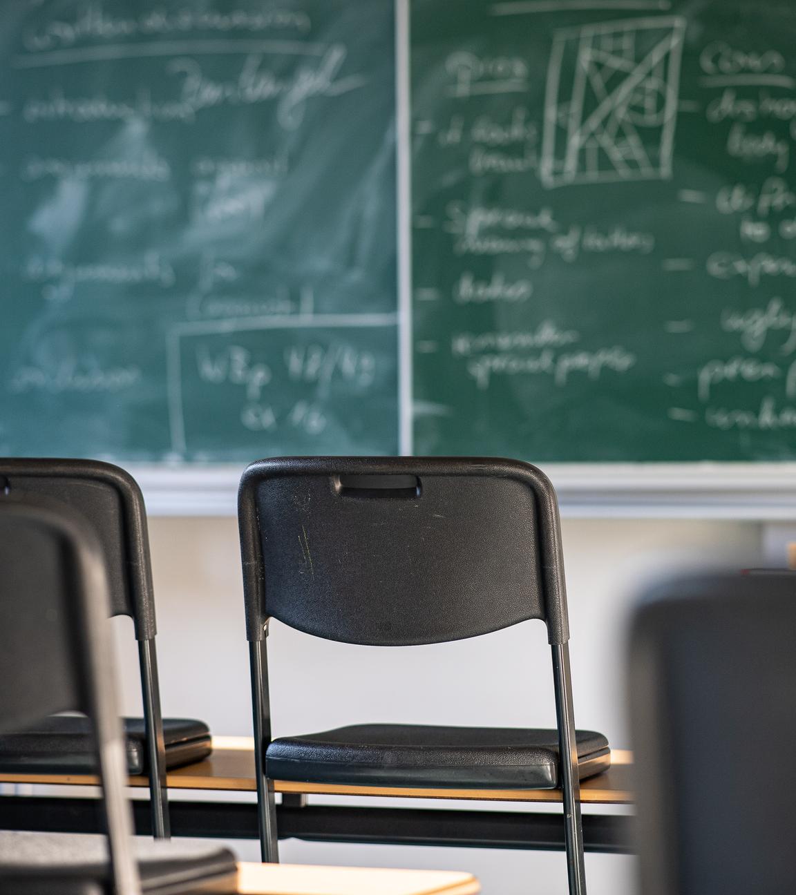 Hochgestellte Stühle in einem leeren Klassenzi