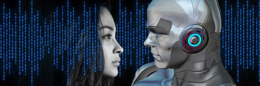 Menschliches Gesicht gegenüber einem Roboter 