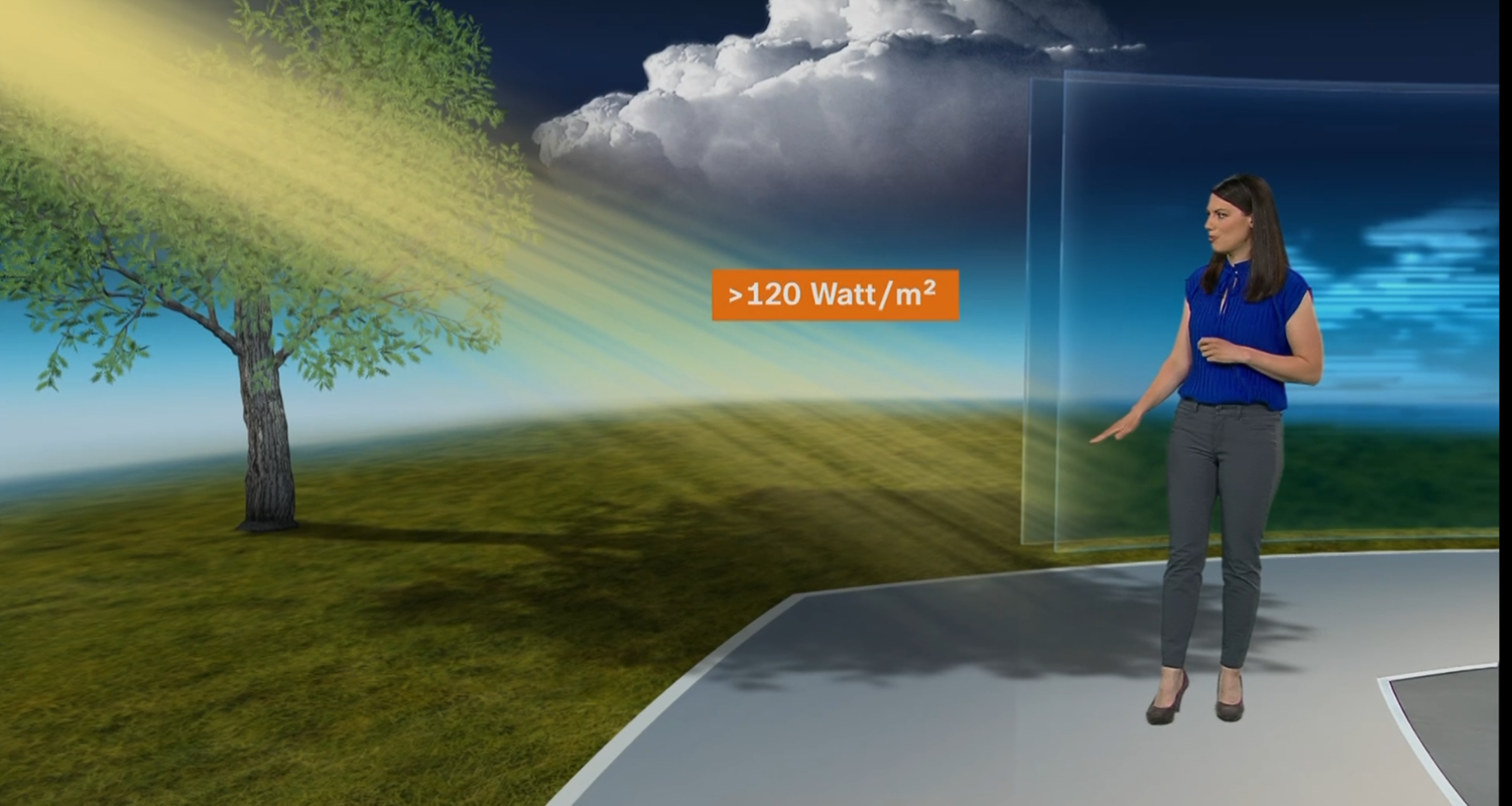 Christa Orben erklärt im Studio, wie Sonnenstunden gemessen werden und dass der Juni 2023 der zweitsonnigste seit Beginn der Wetteraufzeichnungen war. 