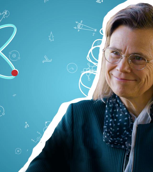 Ein Portrait der Wissenschaftlerin Dr. Biller-Andorno ist vor einer gezeichneten Wand voller Atome zu sehen.