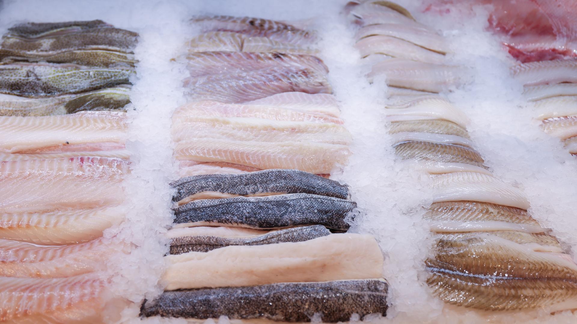 14.08.2024, Hamburg: Frische Filets verschiedener Fische liegen in der Auslage der Fischtheke im Frischeparadies Hamburg. 