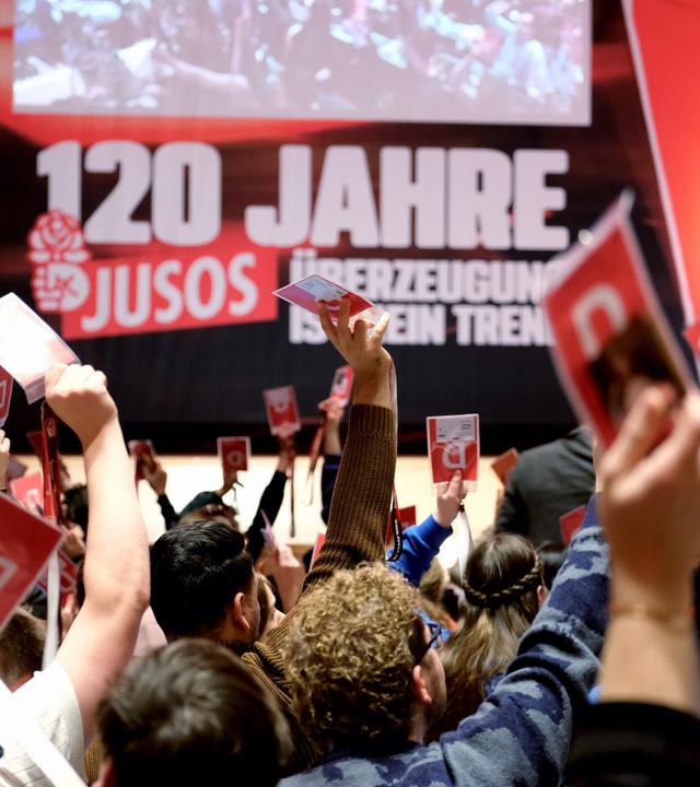 Juso-Bundeskongress Abstimmung Hände Stimmkarten Juso-Rose