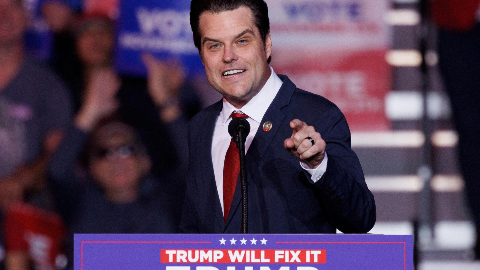 Republican U.S. Representative Matt Gaetz speaks at Trump campaign rally in Henderson