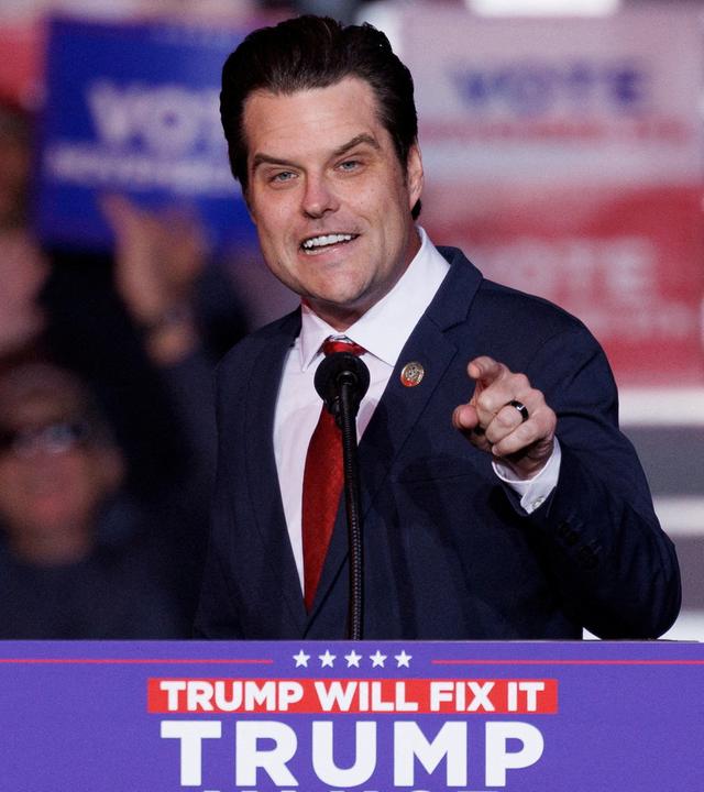 Republican U.S. Representative Matt Gaetz speaks at Trump campaign rally in Henderson