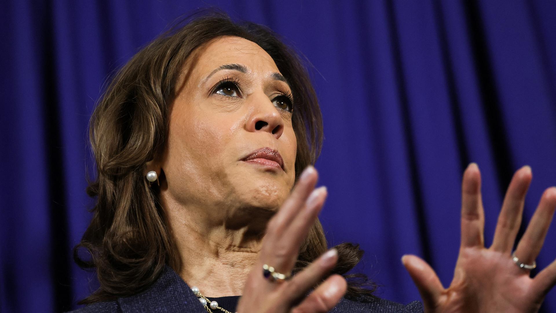 Democratic presidential nominee U.S. Vice President Kamala Harris holds a press conference, at the Greater Emmanuel Institutional Church of God in Christ in Detroit