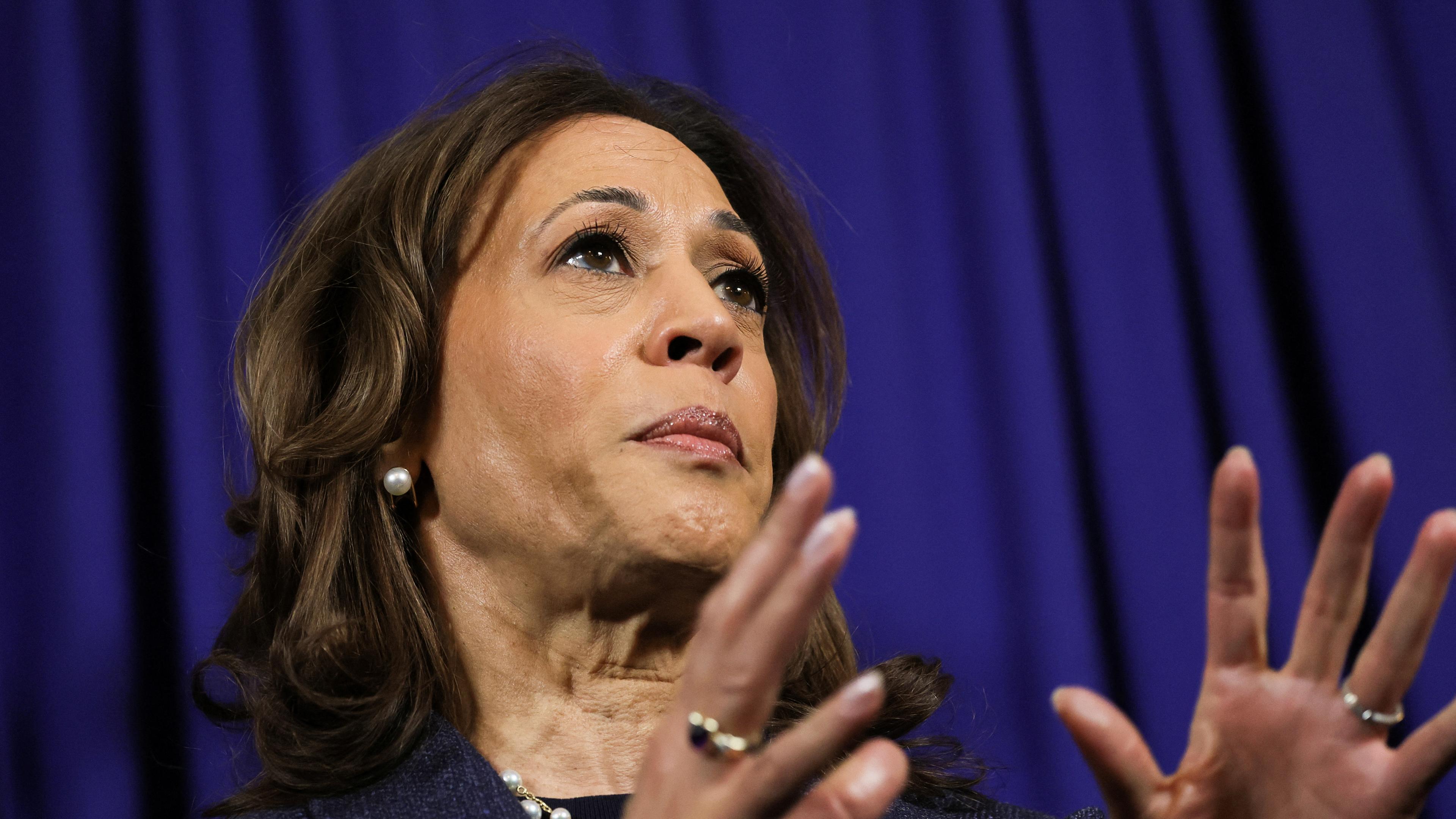 Democratic presidential nominee U.S. Vice President Kamala Harris holds a press conference, at the Greater Emmanuel Institutional Church of God in Christ in Detroit