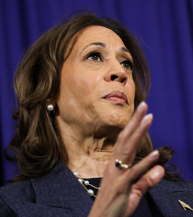 Democratic presidential nominee U.S. Vice President Kamala Harris holds a press conference, at the Greater Emmanuel Institutional Church of God in Christ in Detroit