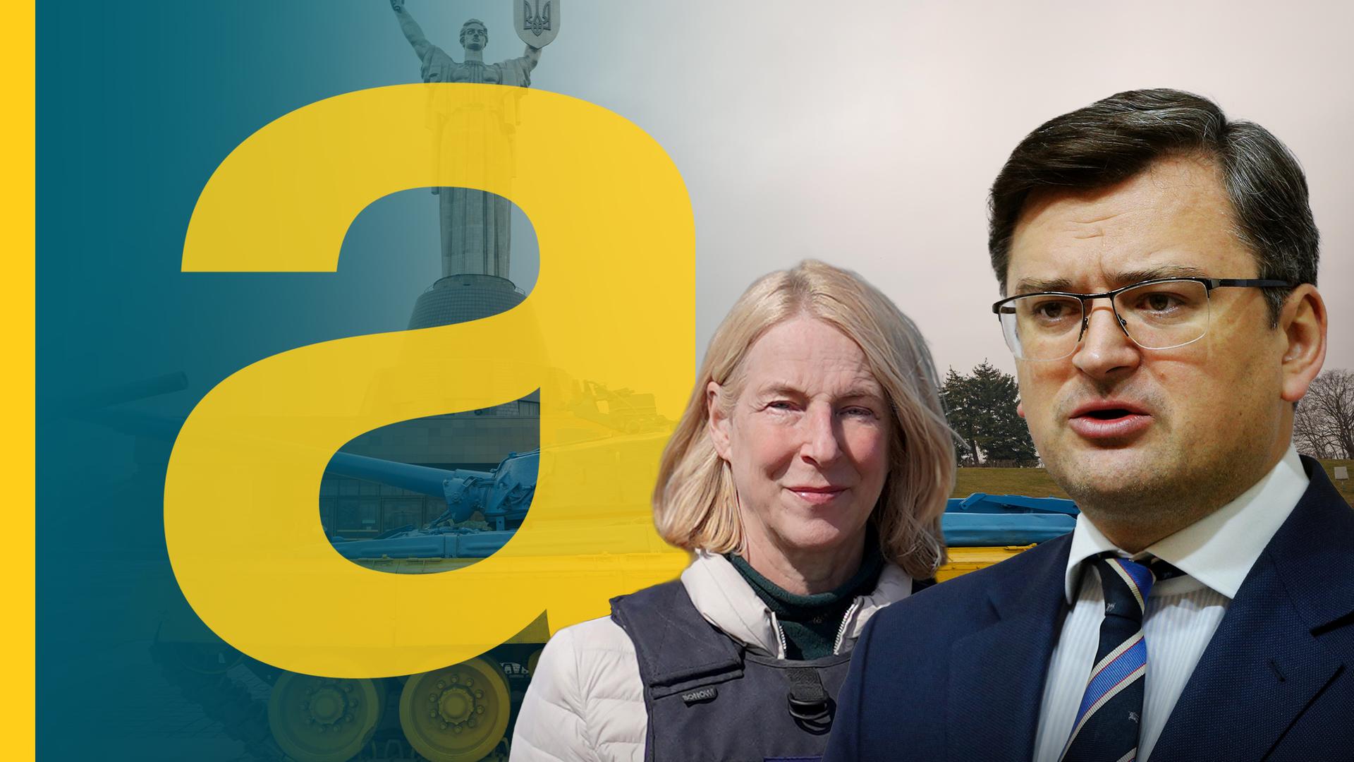 Panzer mit ukranischen Farben im Hintergrund, vorne: Dmytro Kuleba und Katrin Eigendorf