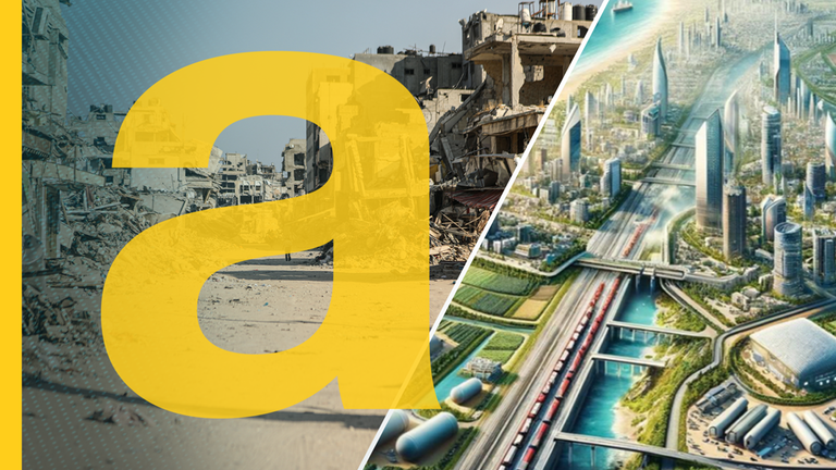 Zertrümmerte Gebäude im Gaza neben einer futuristischen künstlichen Darstellung von Gaza. Links ist das "auslandsjournal"-Logo eingeblendet.