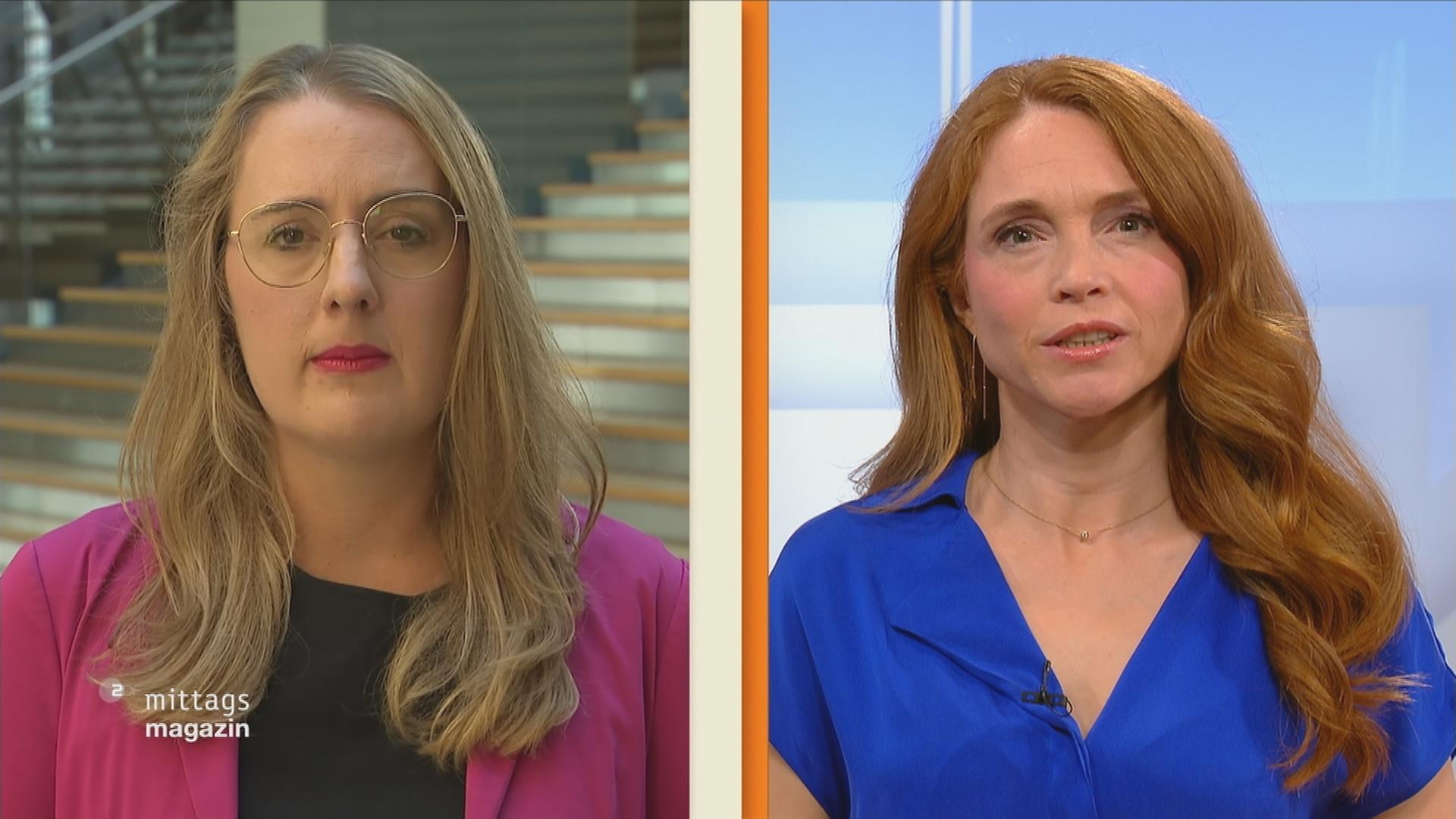 Katharina Dröge, Fraktionsvorsitzende Bündnis '90 / Die Grünen, im Gespräch mit ZDF-Mima-Moderatorin Mirjam Meinhardt