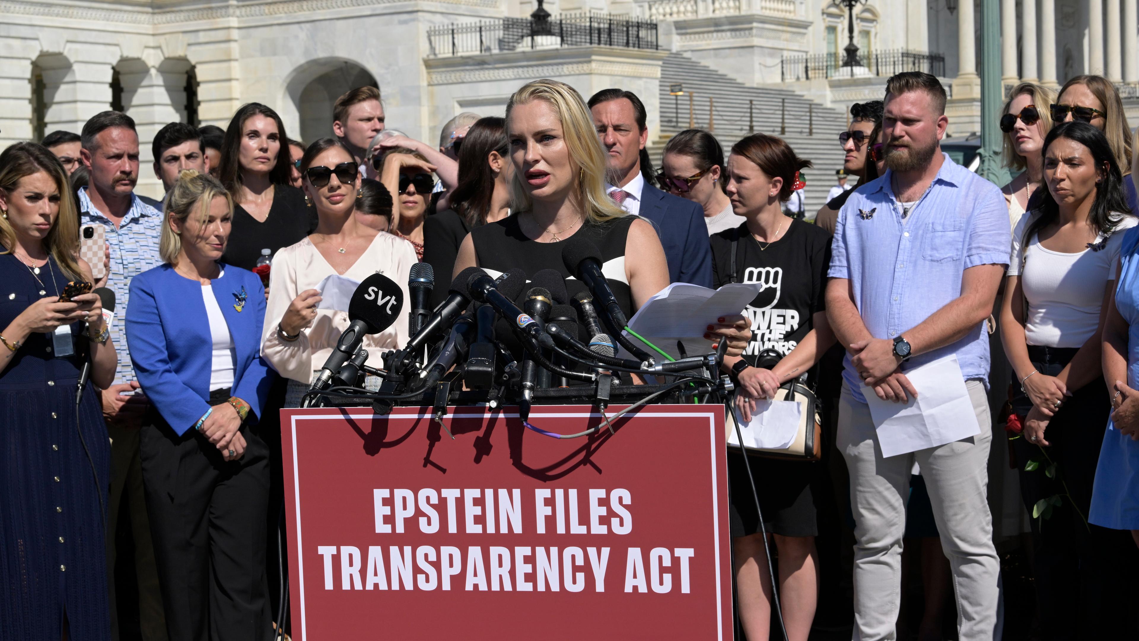 Anouska de Georgiou, Überlebende des Missbrauchs durch Jeffrey Epstein, spricht heute, am 3. September 2025, während einer Pressekonferenz im House Triangule/Capitol Hill in Washington DC, USA, über den Epstein File Transparency Act.