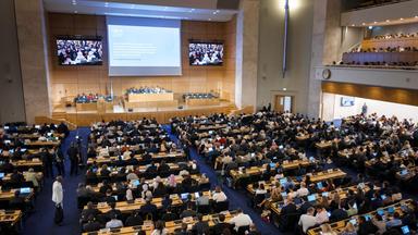 Ein allgemeiner Blick auf den Versammlungssaal zu Beginn der Verhandlungen über das Kunststoffabkommen in den Büros der Vereinten Nationen in Genf am 5. August 2025.
