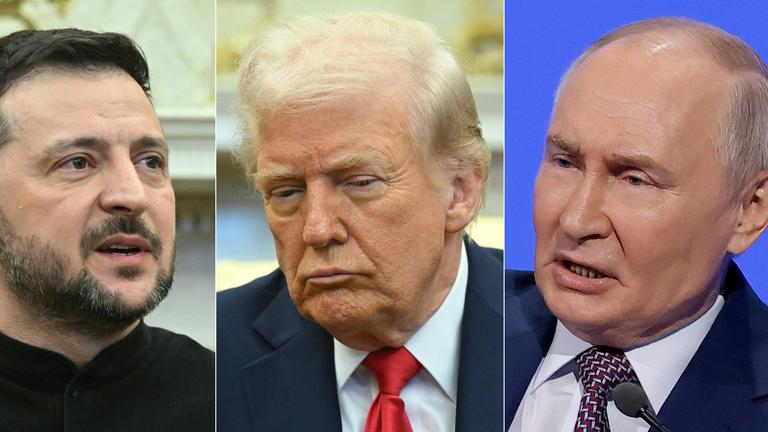 Diese am 18. März 2025 erstellte Bildkombination zeigt, von links nach rechts, US-Präsident Donald Trump und den ukrainischen Präsidenten Volodymyr Zelensky im Oval Office des Weißen Hauses in Washington, DC, am 28. Februar 2025, US-Präsident Donald Trump im Oval Office des Weißen Hauses in Washington, DC, am 28. Februar 2025 und den russischen Präsidenten Wladimir Putin in Moskau am 18. März 2025