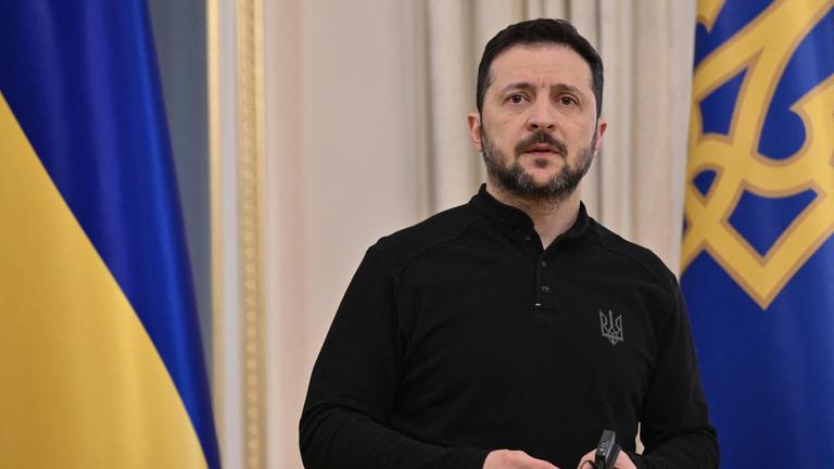 Ukrainian President Volodymyr Zelensky looks on as he gives a press conference in Kyiv on March 28, 2025, amid the Russian invasion of Ukraine.