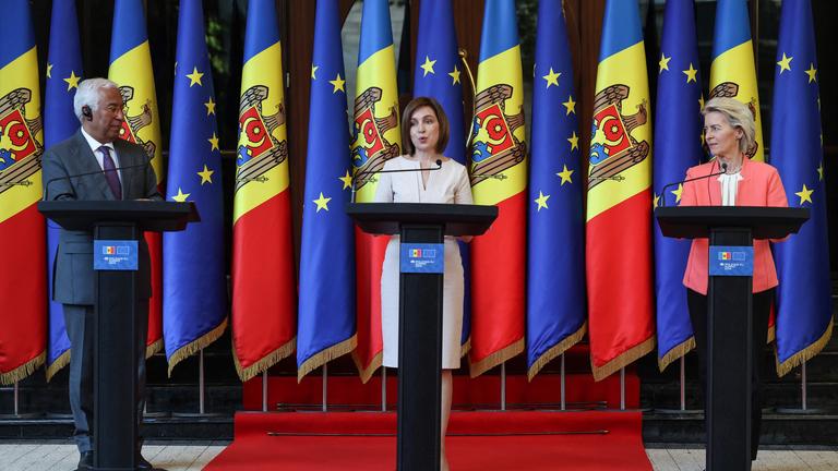 Antonio Costa (L), President of the European Council, President of Moldova Maia Sandu (C) and Ursula von der Leyen (R), President of the European Commission attend a press conference at the and of EU-Moldova Summit in Chisinau July 4, 2025. The summit is a key opportunity to highlight the strategic importance of Moldovas future within the EU and the strength of our cooperation at a pivotal moment in the countrys democratic development and European trajectory