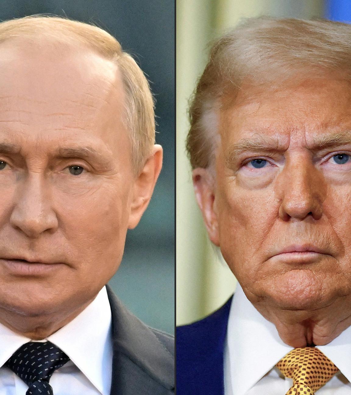 This combination of file photographs created on August 8, 2025 shows Russian President Vladimir Putin (L) giving a speech during an event to mark the 1160th anniversary of Russia's statehood in Veliky Novgorod on September 21, 2022, and US President-elect Donald Trump looking on during a meeting with France's President at the Elysee Palace in Paris, on December 7, 2024.