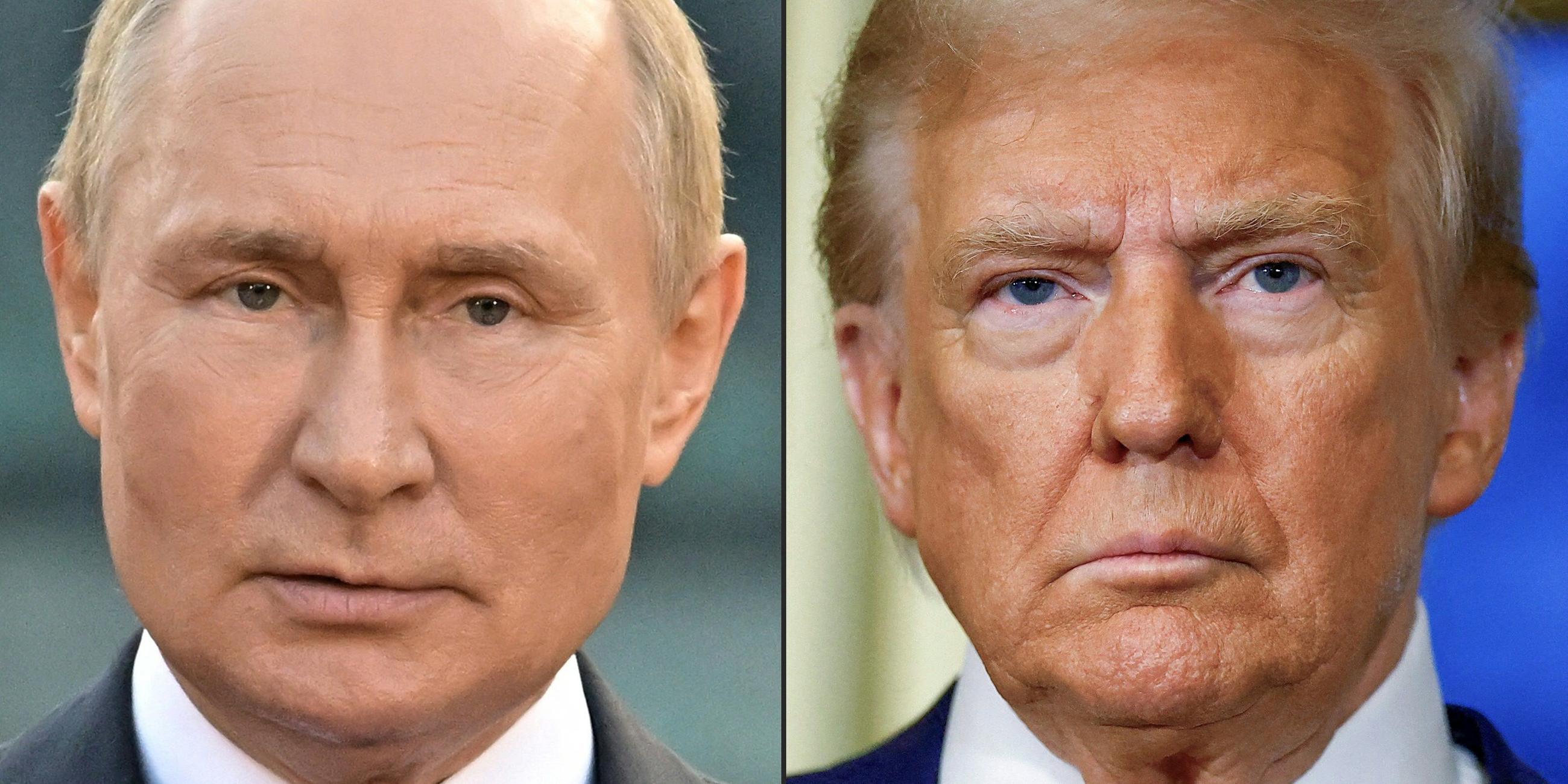 This combination of file photographs created on August 8, 2025 shows Russian President Vladimir Putin (L) giving a speech during an event to mark the 1160th anniversary of Russia's statehood in Veliky Novgorod on September 21, 2022, and US President-elect Donald Trump looking on during a meeting with France's President at the Elysee Palace in Paris, on December 7, 2024.