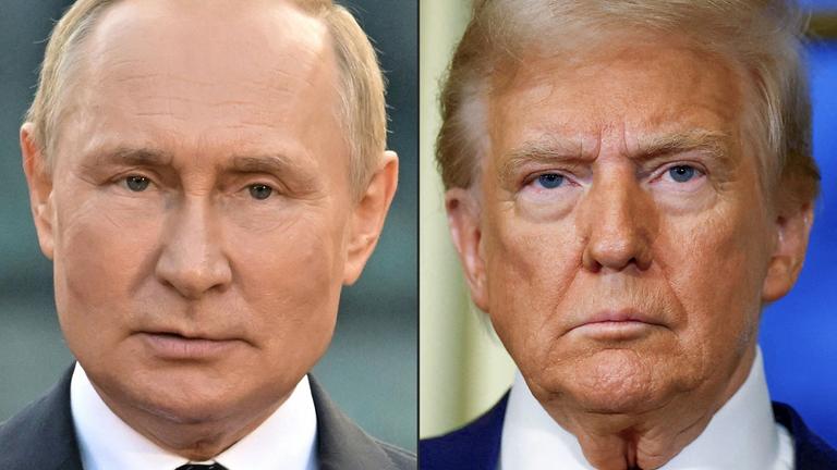 This combination of file photographs created on August 8, 2025 shows Russian President Vladimir Putin (L) giving a speech during an event to mark the 1160th anniversary of Russia's statehood in Veliky Novgorod on September 21, 2022, and US President-elect Donald Trump looking on during a meeting with France's President at the Elysee Palace in Paris, on December 7, 2024.