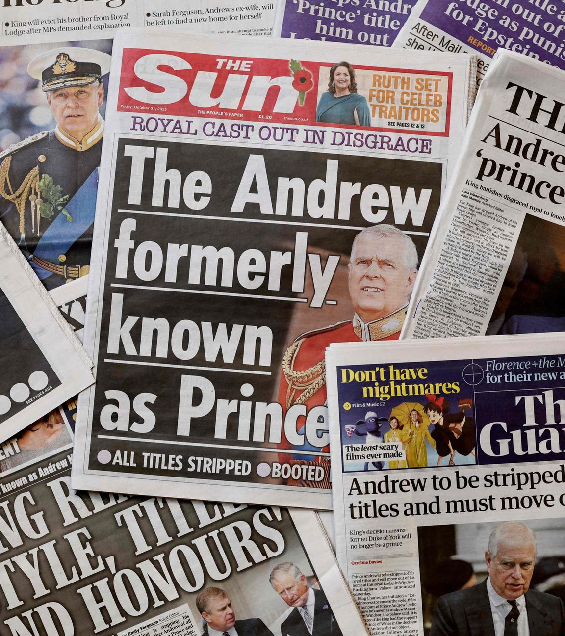 The front pages of most of Britain's national newspapers are pictured in a spread created in London on October 31, 2025