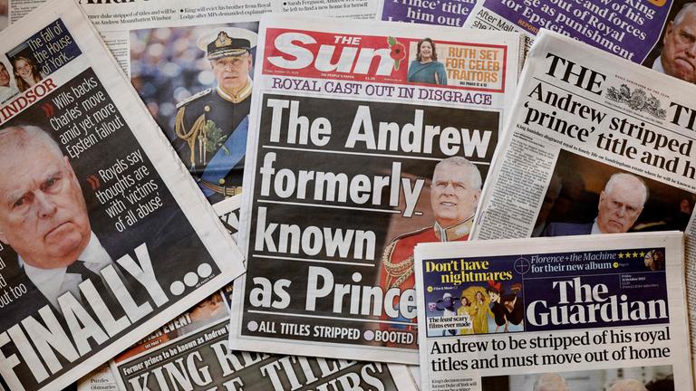 The front pages of most of Britain's national newspapers are pictured in a spread created in London on October 31, 2025