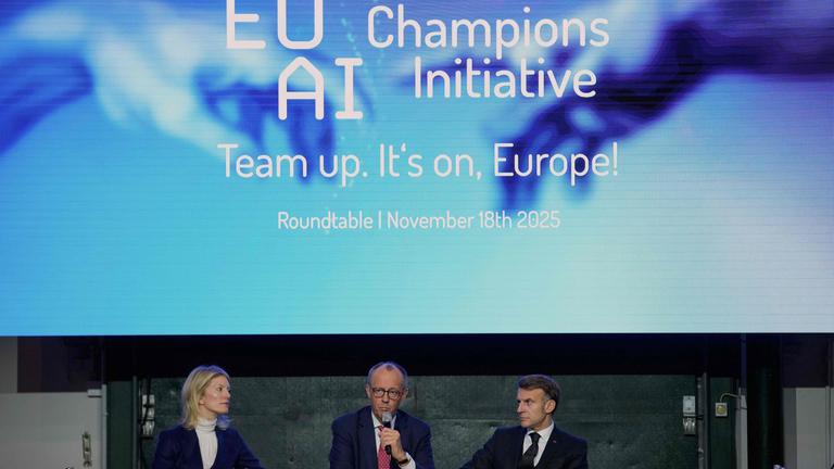 France's President Emmanuel Macron (R), German chancellor Friedrich Merz and Managing director and Head of Europe at General Catalyst Jeannette zu Fürstenberg attend a meeting with investors at the EU AI Champions Initiative at a summit on Europe's technological sovereignty, on November 18, 2025 in the EUREF Campus in Berlin. The German Chancellor and the French President will join forces to push for greater European digital "sovereignty" and less dependence on US tech titans as the AI race gathers pace.