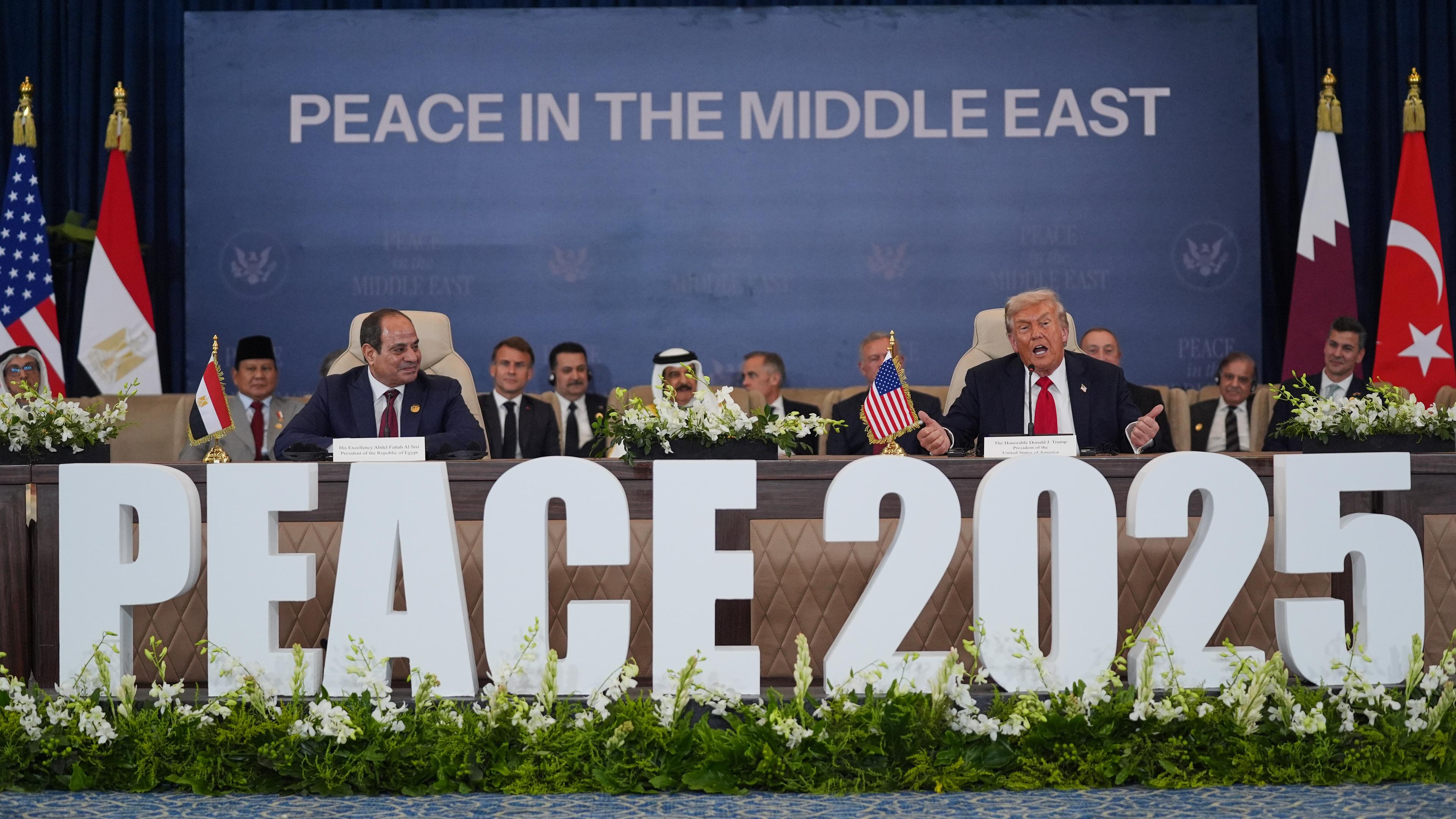 President Donald Trump speaks during a summit to support ending the more than two-year Israel-Hamas war in Gaza after a breakthrough ceasefire deal, Monday, Oct. 13, 2025, in Sharm El Sheikh, Egypt, as Egypt's President Abdel-Fattah el-Sissi listens at left. (AP Photo/Evan Vucci)