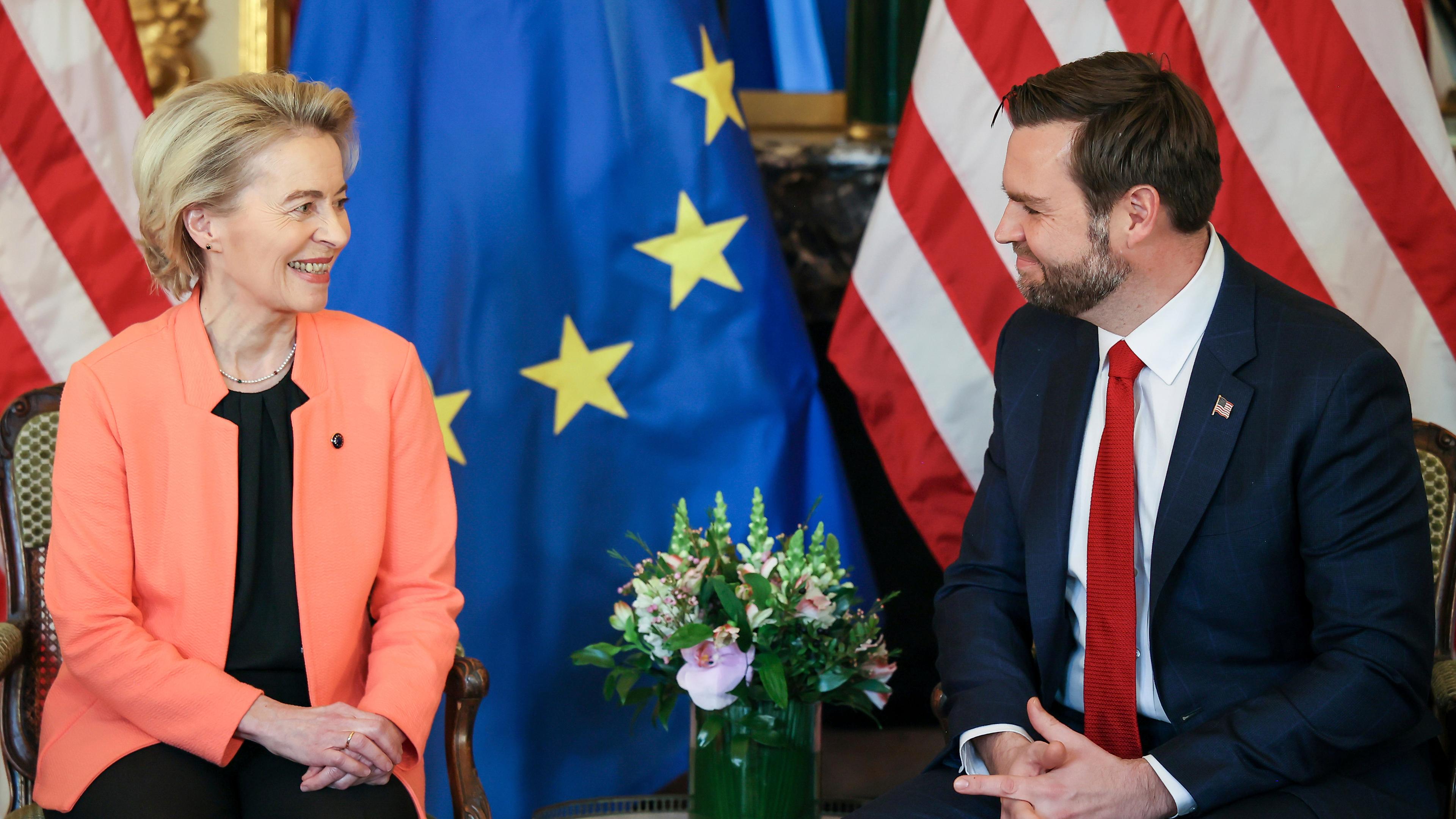 United States Vice-President JD Vance, right, meets with European Commission President Ursula von der Leyen during a bilateral meeting on the sidelines of the Artificial Intelligence Action Summit in Paris, Tuesday, Feb. 11, 2025. (AP Photo/Thomas Padilla)