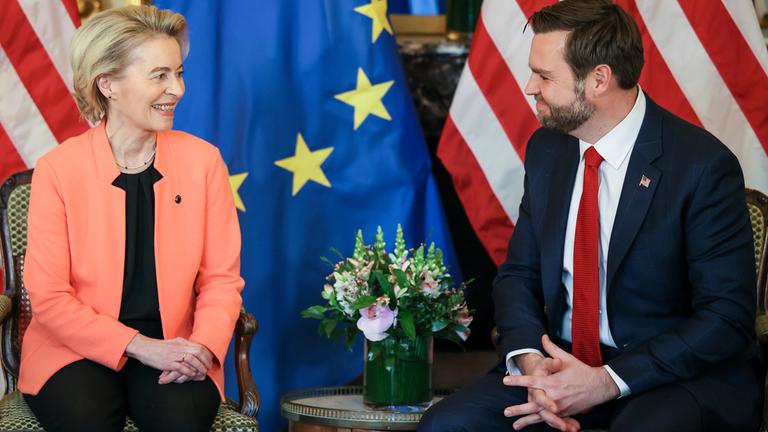 United States Vice-President JD Vance, right, meets with European Commission President Ursula von der Leyen during a bilateral meeting on the sidelines of the Artificial Intelligence Action Summit in Paris, Tuesday, Feb. 11, 2025. (AP Photo/Thomas Padilla)