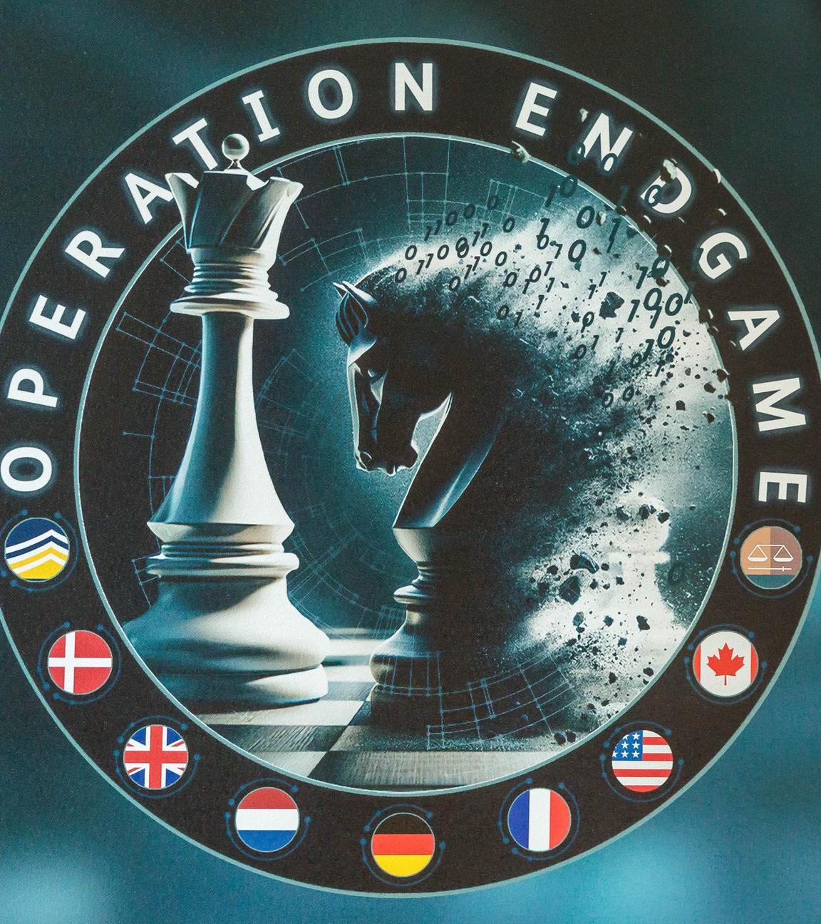 23.05.2025, Hessen, Wiesbaden: Das Logo der "Operation Endgame", aufgenommen auf einem Aufsteller bei einer Pressekonferenz zum Schlag gegen weltweite Cyberkriminalität bei der «Operation Endgame».