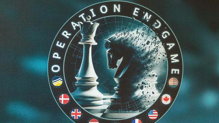 23.05.2025, Hessen, Wiesbaden: Das Logo der "Operation Endgame", aufgenommen auf einem Aufsteller bei einer Pressekonferenz zum Schlag gegen weltweite Cyberkriminalität bei der «Operation Endgame».