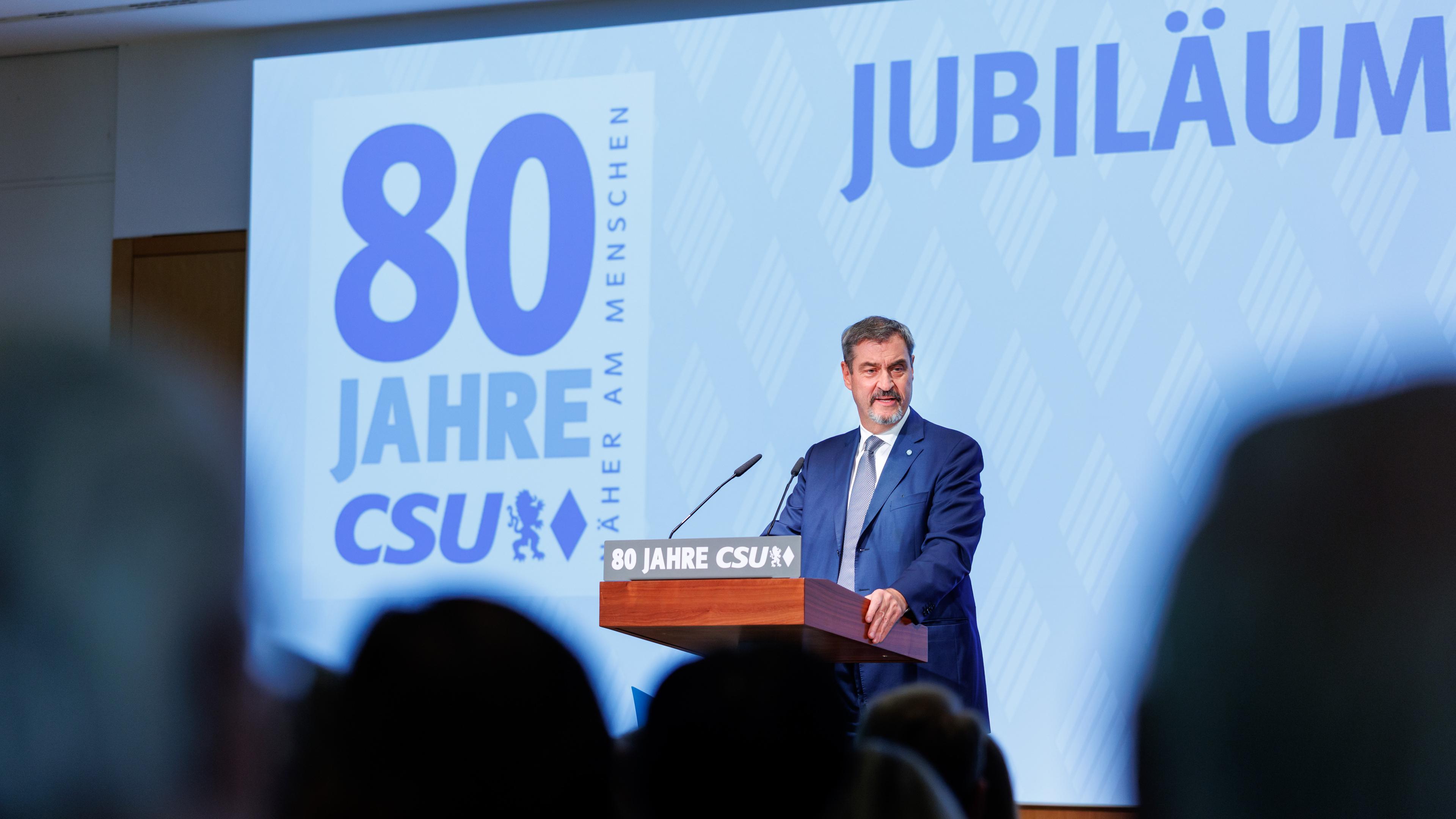 25.10.2025, Bayern, München: Markus Söder (CSU), Parteivorsitzender und Ministerpräsident von Bayern, spricht bei der Jubiläumsfeier 80 Jahre CSU bei der Hanns-Seidel-Stiftung.