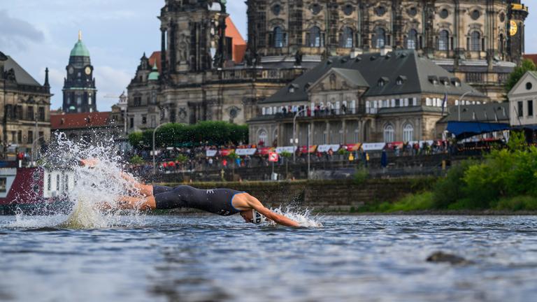 Dresden: Triathlon: Ein Athlet springt in die Elbe