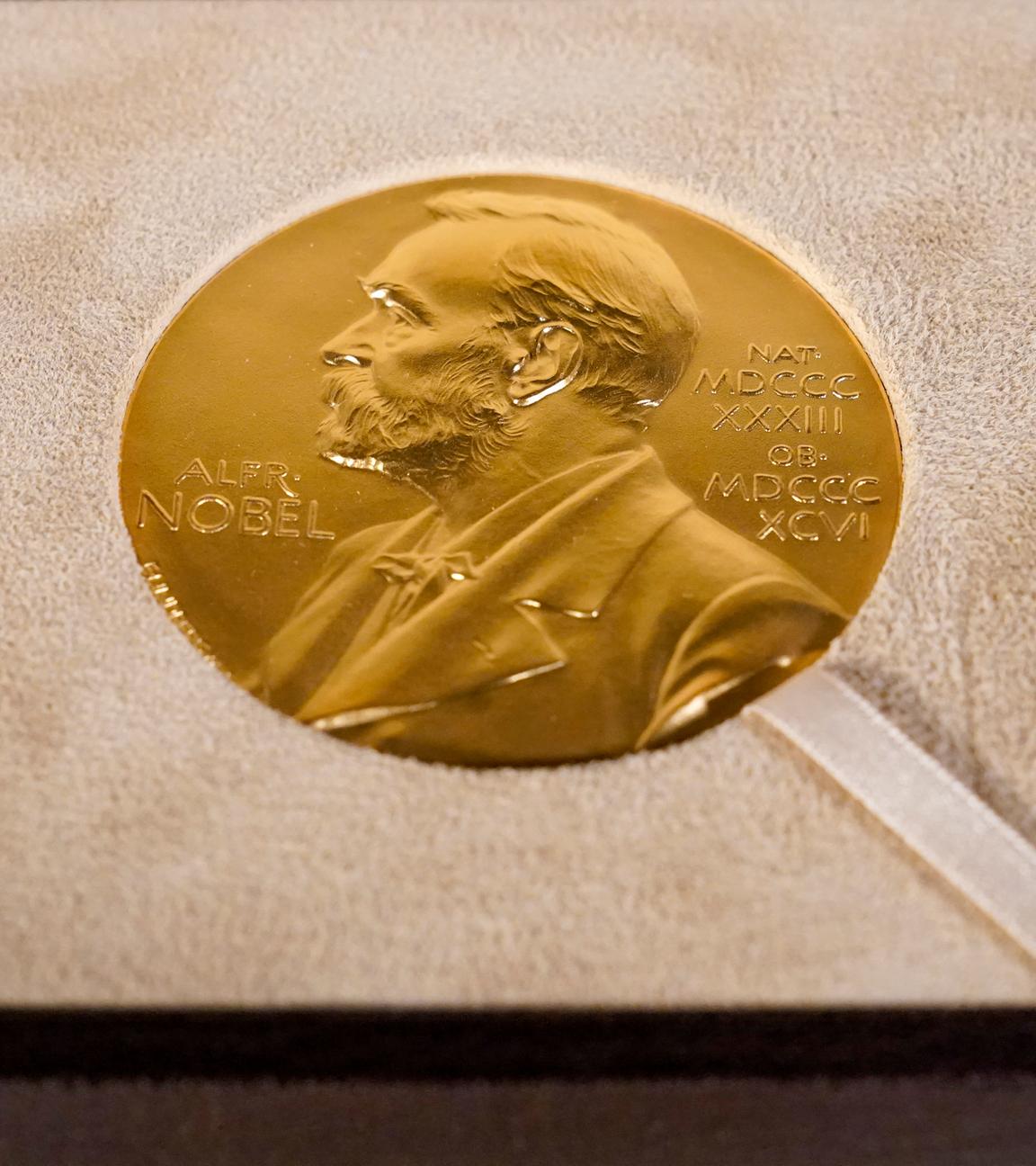 ARCHIV - 08.12.2020, USA, New York: Die Medaille, die dem Nobelpreisträger für Medizin, Rice, überreicht wurde, wird während einer Zeremonie in New York ausgestellt.