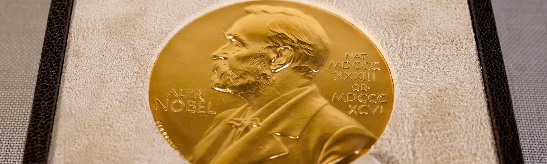 ARCHIV - 08.12.2020, USA, New York: Die Medaille, die dem Nobelpreisträger für Medizin, Rice, überreicht wurde, wird während einer Zeremonie in New York ausgestellt.