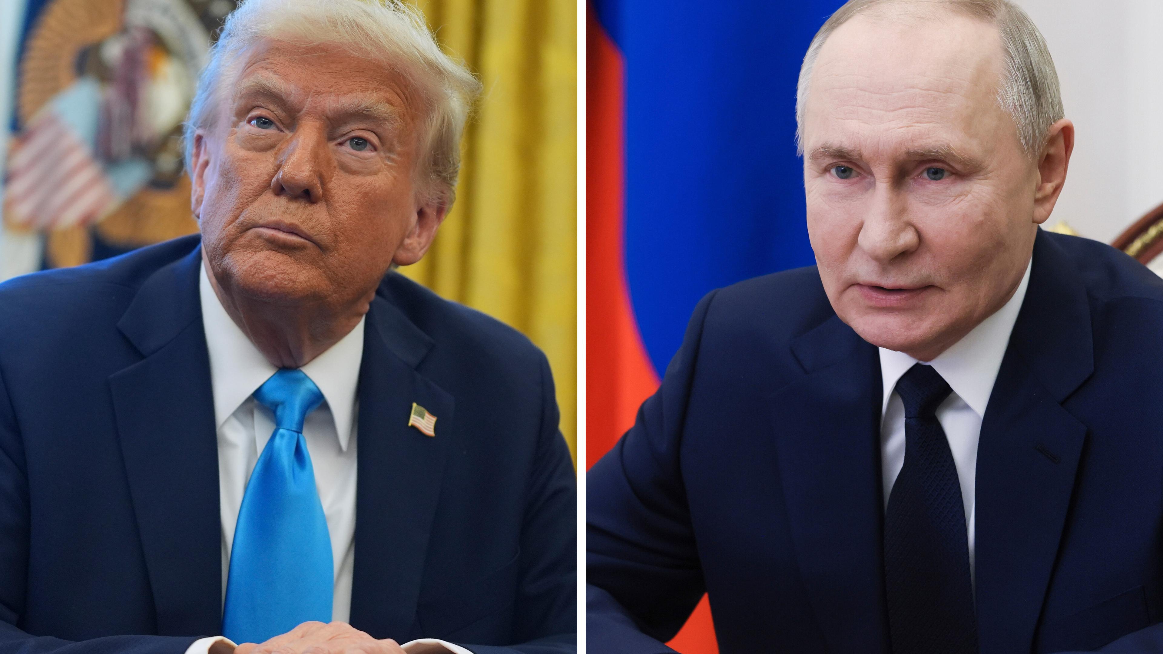 Die Kombo aus Archivbildern zeigt US-Präsident Donald Trump (l) im Oval Office des Weißen Hauses am 04.02.2025 und den russischen Präsidenten Wladimir Putin im Kreml, als er an einer Sitzung des Sicherheitsrates per Videokonferenz am 07.03.2025 teilnimmt.
