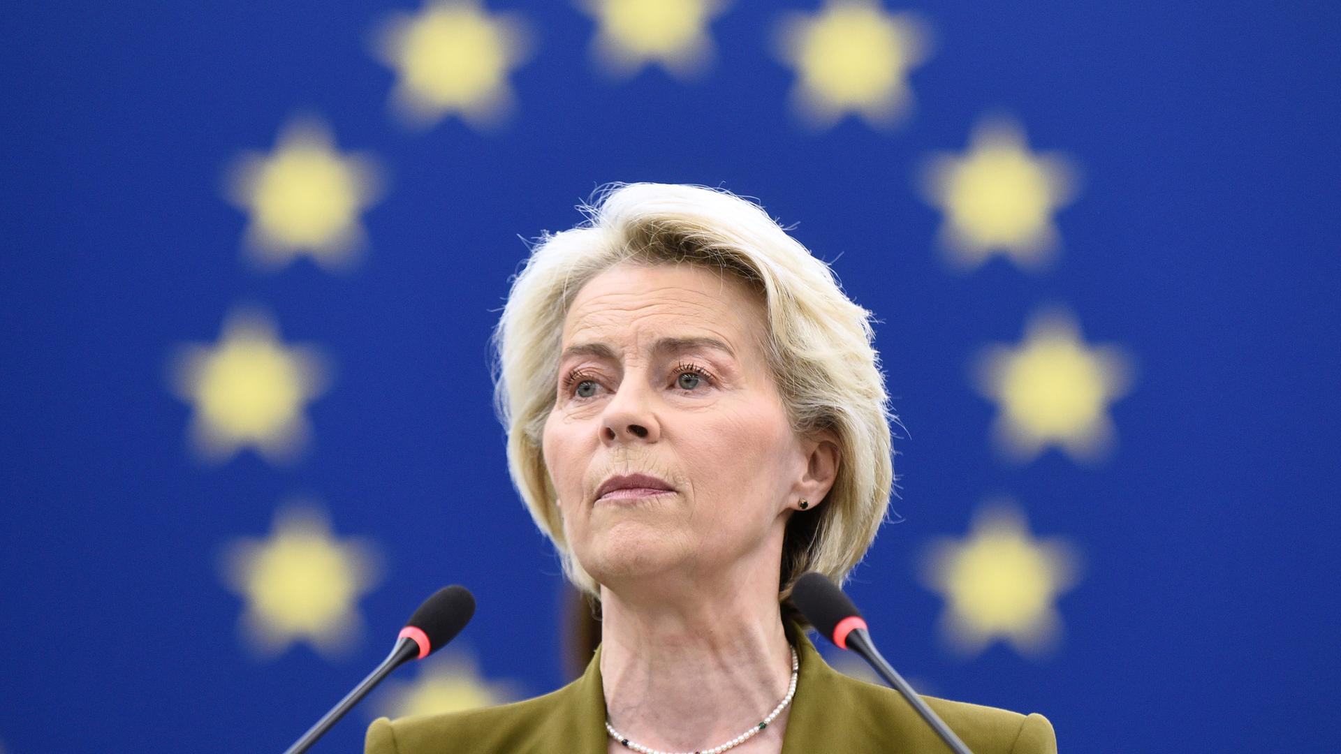  Frankreich, Straßburg: Die Präsidentin der Europäischen Kommission, Ursula von der Leyen, hält im Europäischen Parlament in Straßburg, Ostfrankreich, eine Rede zur Lage der Union.