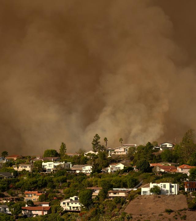 Der Rauch des Palisades-Feuers steigt in Los Angeles über Wohnhäusern im Mandeville Canyon auf. 