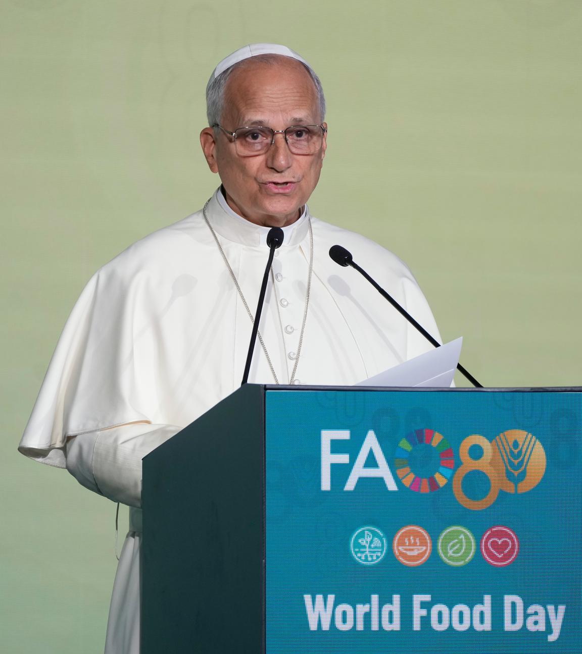 16.10.2025, Italien, Rom: Papst Leo XIV. hält seine Rede während der Feierlichkeiten zum 80. Welternährungstag. Der Welternährungstag wurde mit dem Ziel geschaffen, «Nahrung für alle» zum Menschenrecht zu machen.