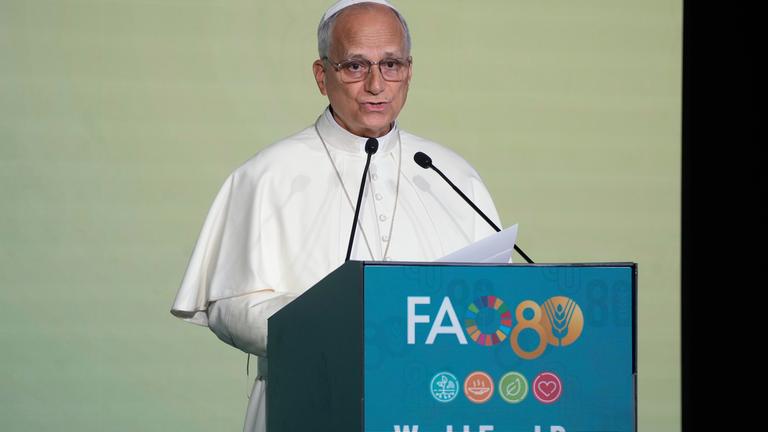 16.10.2025, Italien, Rom: Papst Leo XIV. hält seine Rede während der Feierlichkeiten zum 80. Welternährungstag. Der Welternährungstag wurde mit dem Ziel geschaffen, «Nahrung für alle» zum Menschenrecht zu machen.